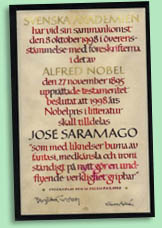 Diploma do Prémio Nobel atribuído a José Saramago, 1998 BNP Esp. N45/186